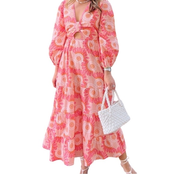 Figue Dresses & Skirts - Figue Long Sleeve Cutout Cotton Midi Dress Floral Boho Resort Pink Orange Sz S